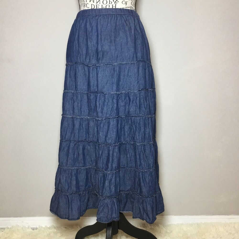 Dark blue denim maxi skirt tiered cotton elastic waist 32"-36" western cowgirl L